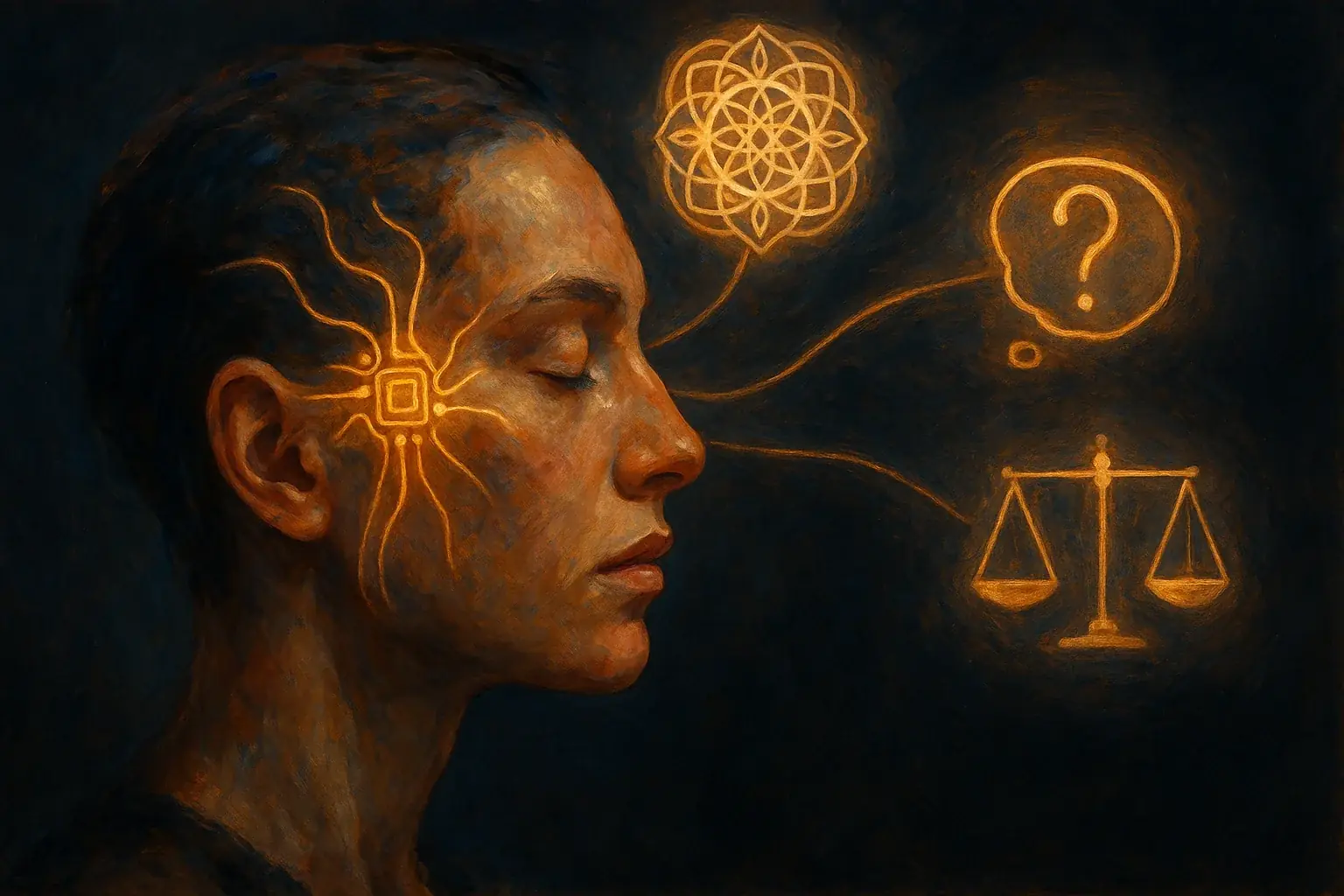 Stylized head, glowing smart tattoo, lines to symbols of introspection, wisdom, balance, blending tech with inner peace.