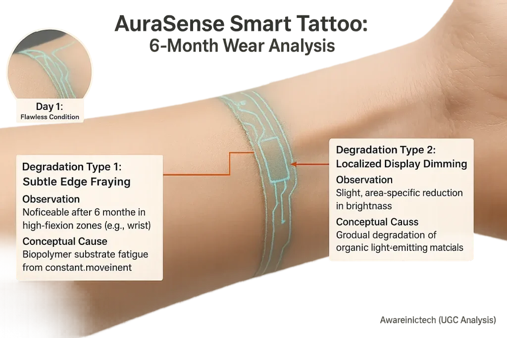 Infographic: Visual examples of common smart tattoo wear points and degradation types after 6 months' daily use