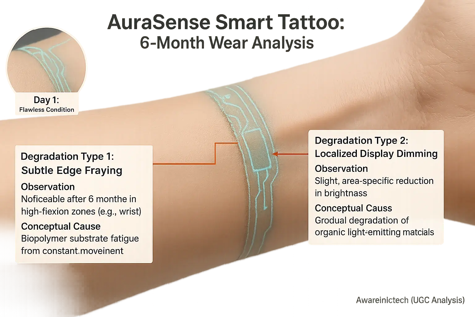 Infographic: Visual examples of common smart tattoo wear points and degradation types after 6 months' daily use