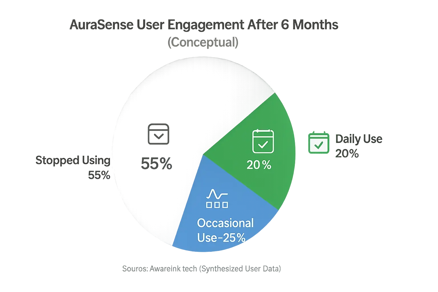 Pie chart: AuraSense 6-month user engagement breakdown: daily, occasional, discontinued use.