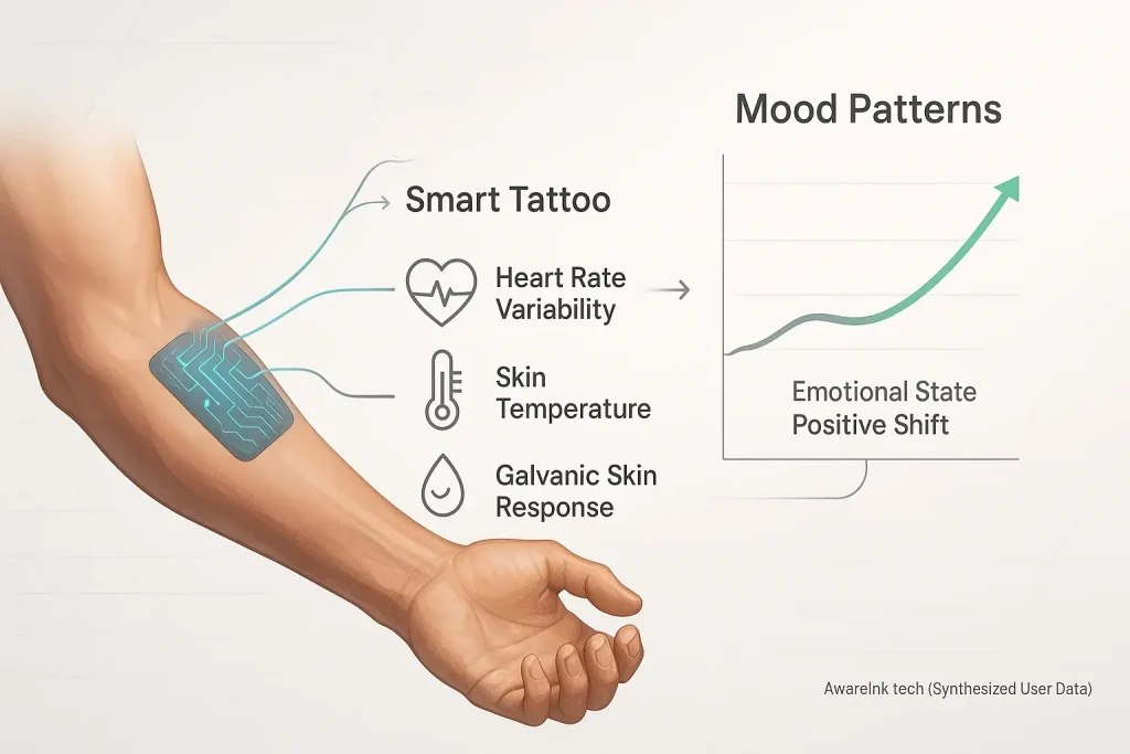 Infographic: Smart tattoo monitors physiological data (heart rate, sweat, temp) illustrating exercise-mood bidirectional