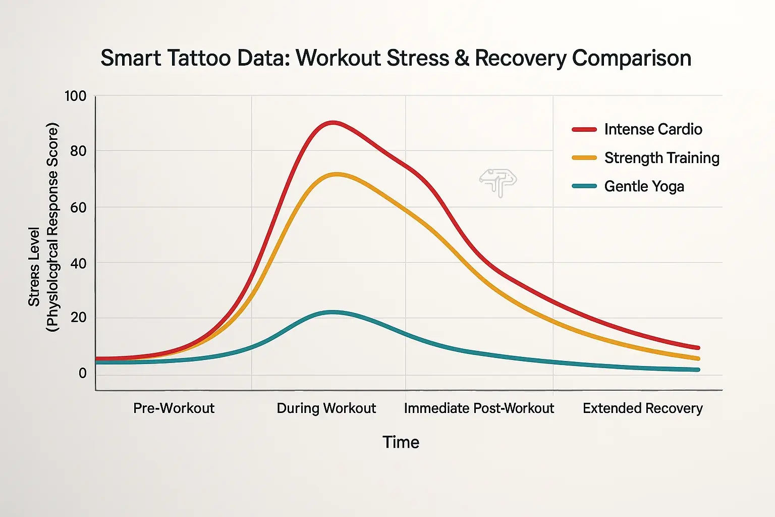 Line graph: Varied stress/recovery patterns for 3 workouts across phases, showing how smart tattoos track them.