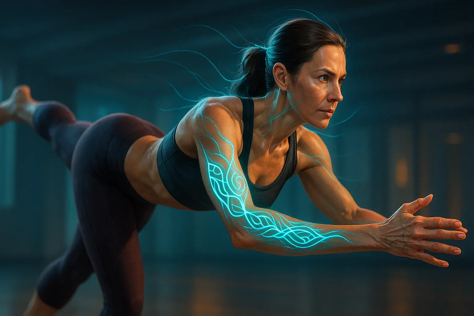 Athlete in a flow state workout, their arm's smart tattoo glows, visualizing enhanced focus and mind-muscle synergy.