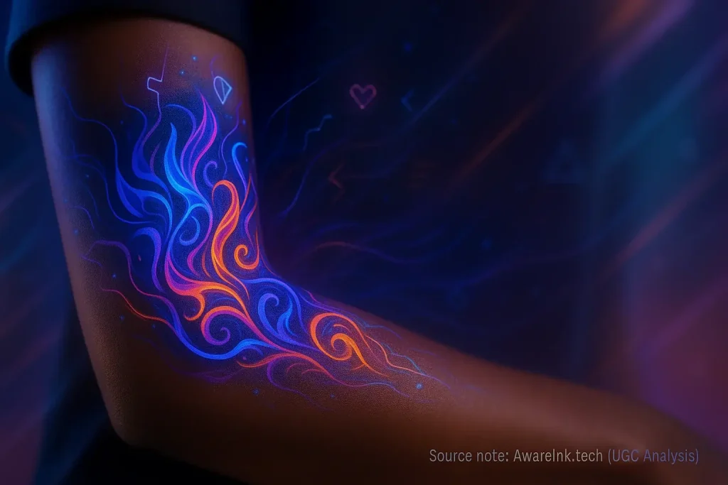 Arm with futuristic mood tattoo; dynamic, glowing abstract patterns & artistic details showcase personalized creative