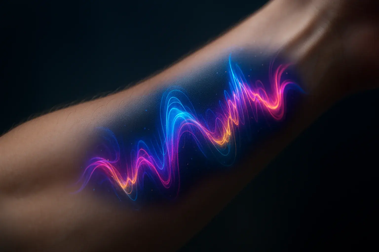 Glowing smart tattoo on forearm with dynamic, evolving abstract art, showcasing skin as a canvas for mood-based patterns.