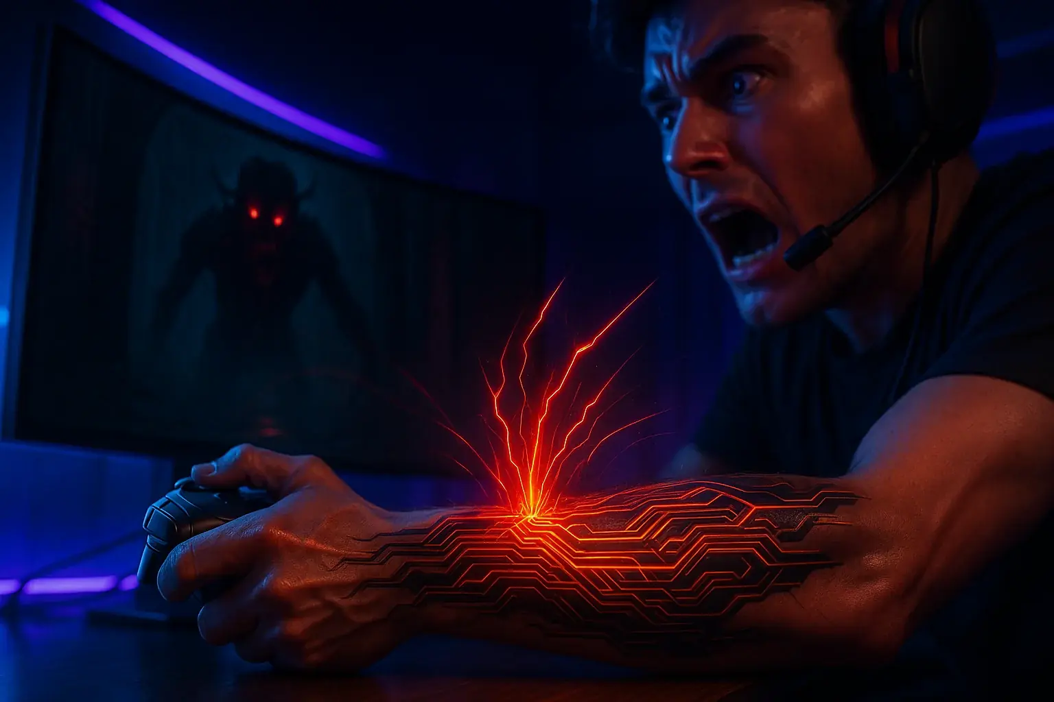 Gamer's mood-sensing tattoo changes color and pattern, influencing their futuristic game.