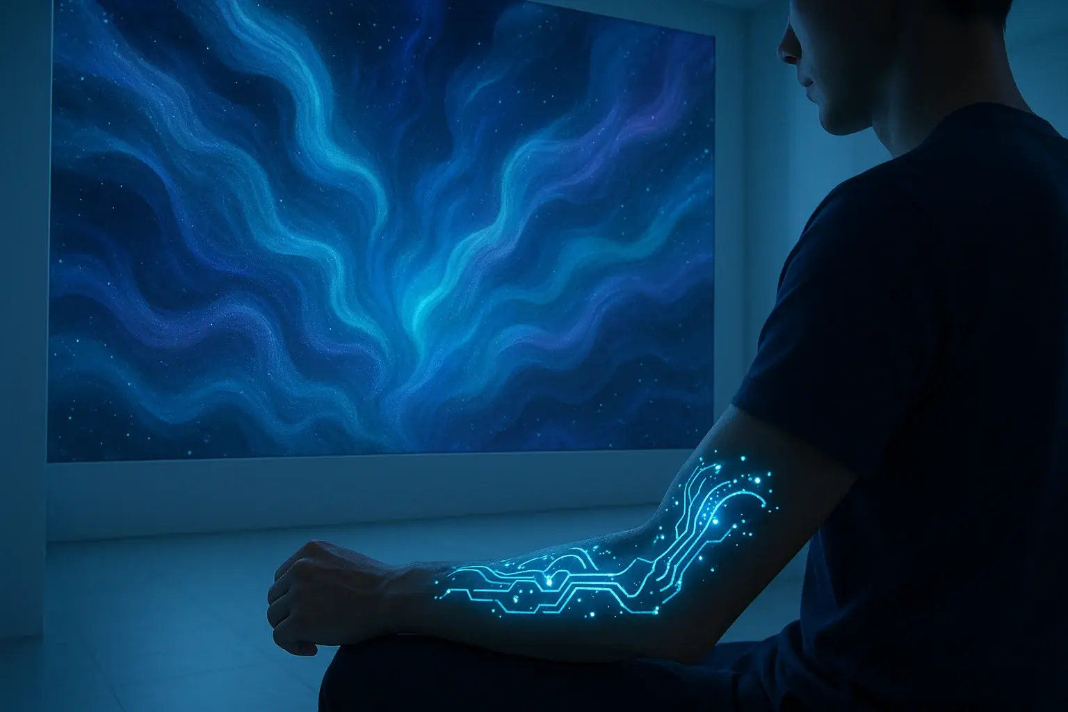 Vibrant digital art installation responds to a person's smart tattoo, creating personalized biofeedback art.