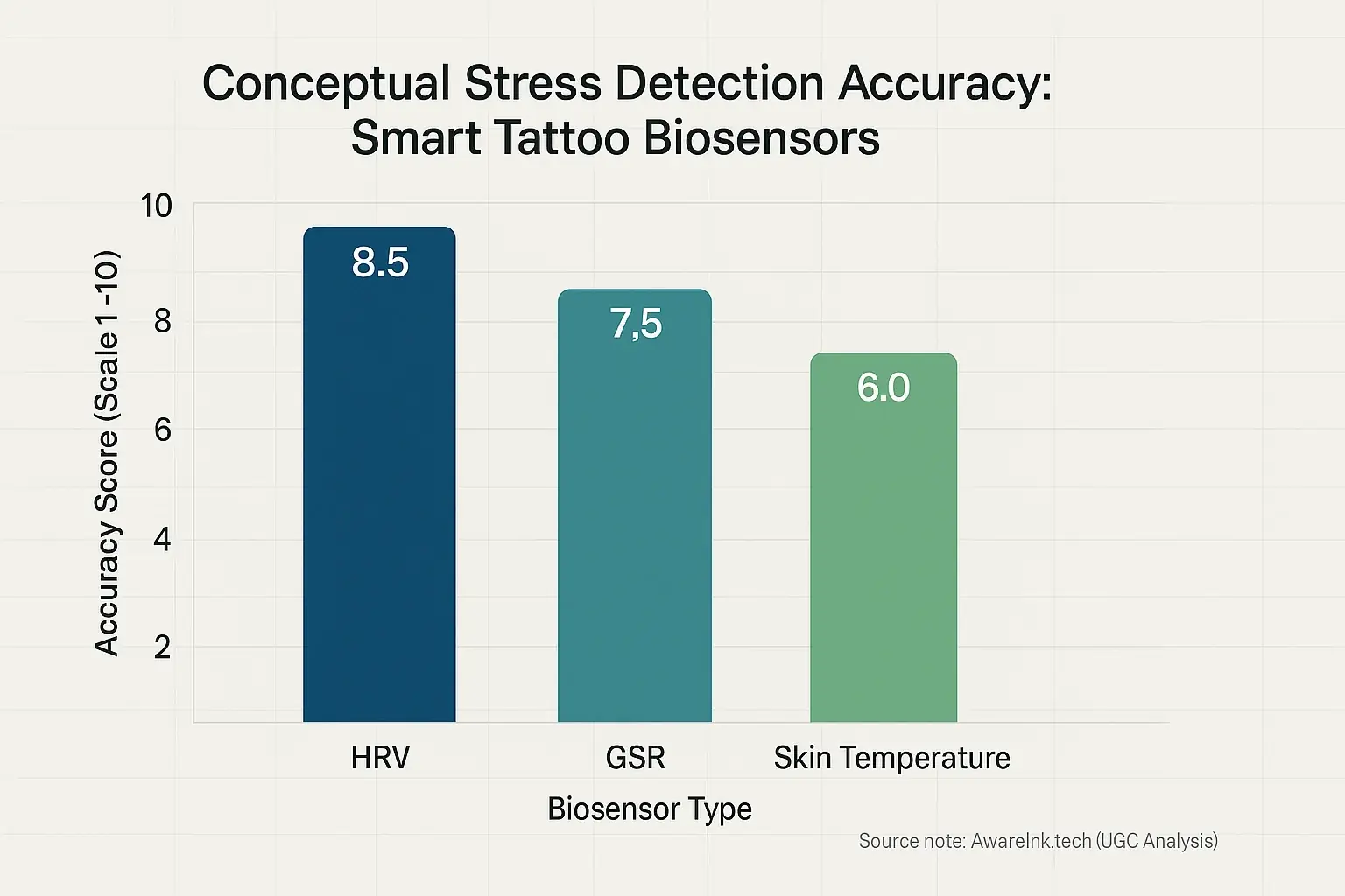 Bar chart comparing hypothetical stress detection accuracy of biosensors (GSR, HRV, Temp) for 'best for stress' smart