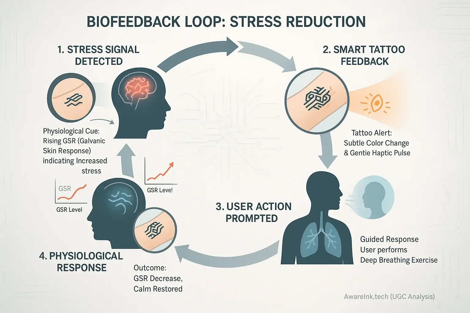 Flowchart: Mood tattoo's stress-reduction biofeedback—detects signal, gives feedback, prompts action, shows physiological