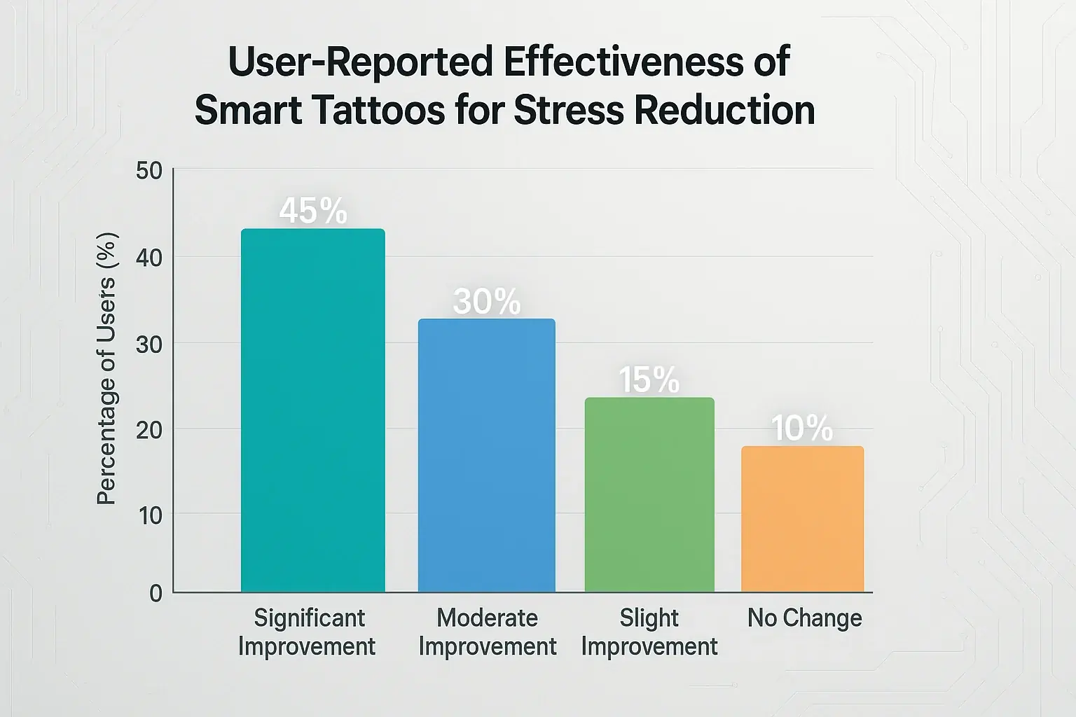 User survey bar chart: Smart tattoo stress relief effectiveness, % from 'Significant Improvement' to 'No Change'.