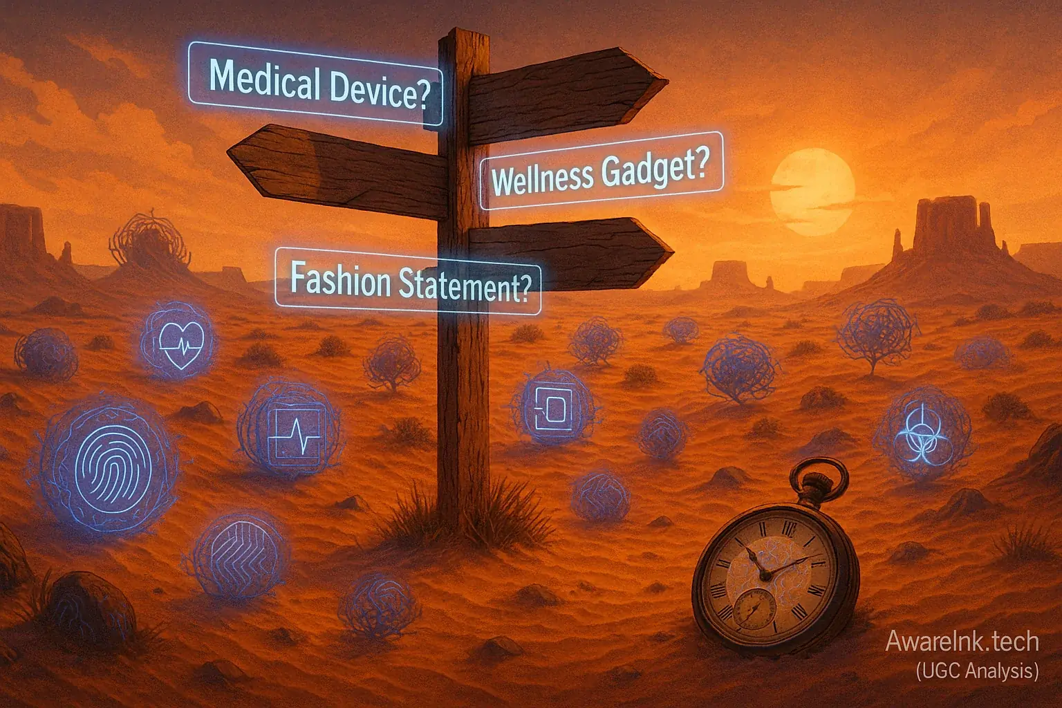 Wild West landscape with tech symbols & clock illustrates smart tattoo's unregulated innovation outpacing slow rules.