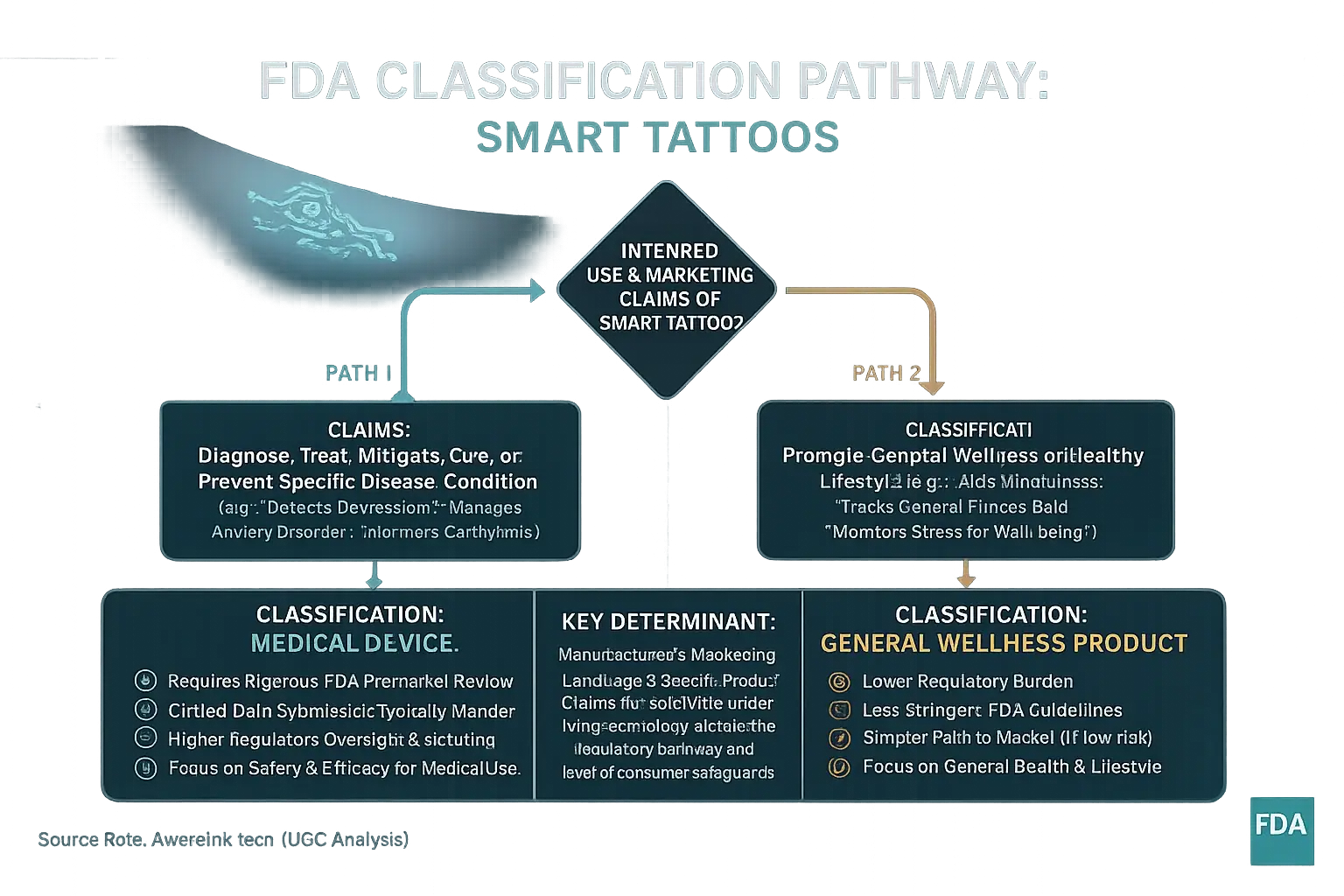 Flowchart: FDA's decision pathway for classifying smart tattoos as medical or wellness products.
