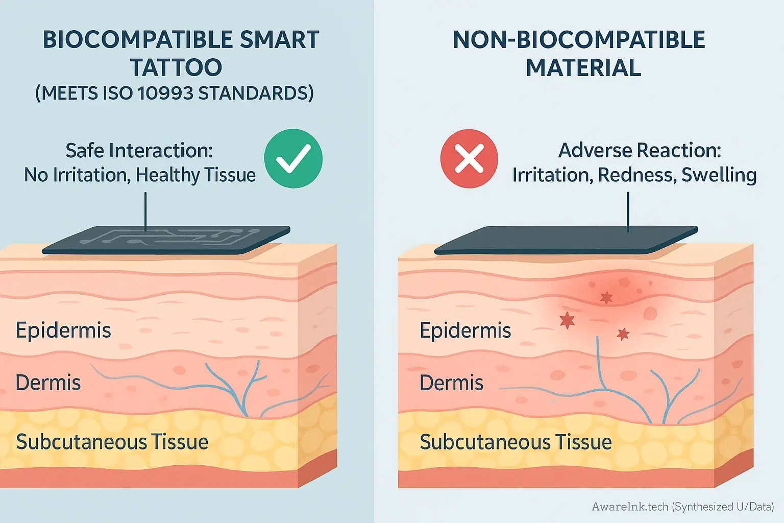 Infographic: Biocompatible materials interact safely with skin layers, unlike non-biocompatible ones causing irritation.
