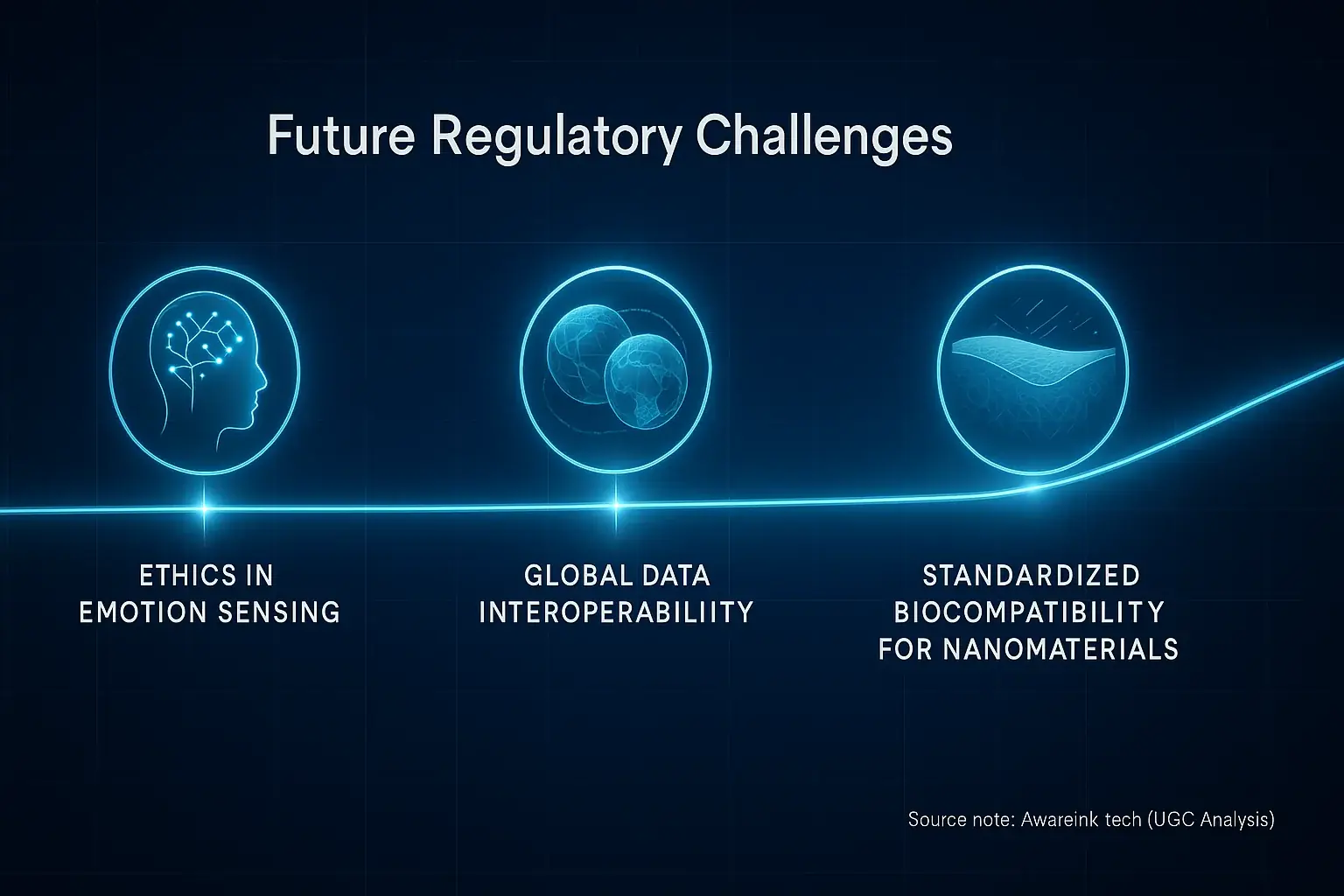 Infographic timeline: Future mood tech regulatory challenges like ethics, data interoperability, and nanomaterial