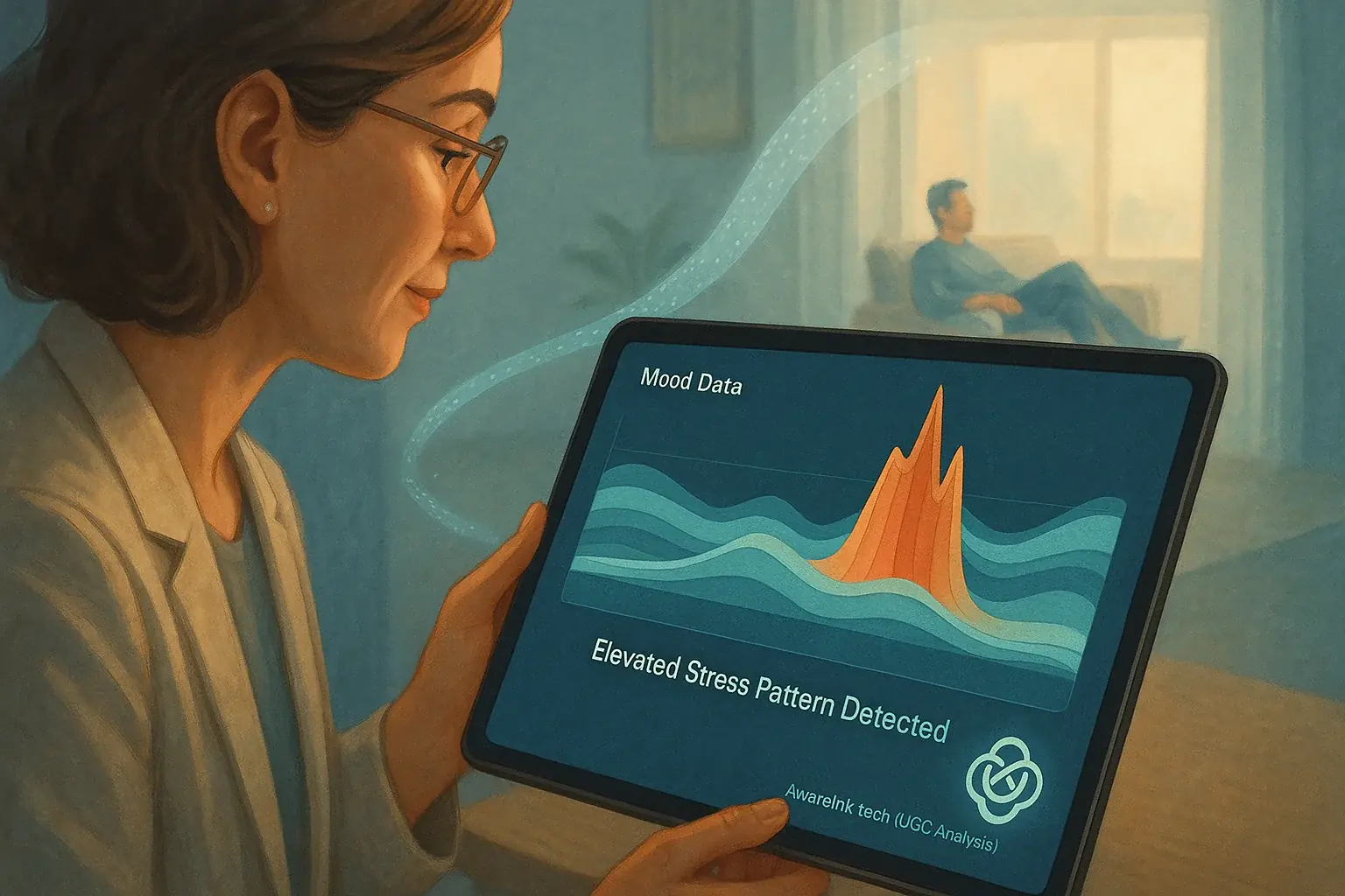 Therapist ethically &amp; securely monitors patient mood data visualizations on tablet for proactive remote care.