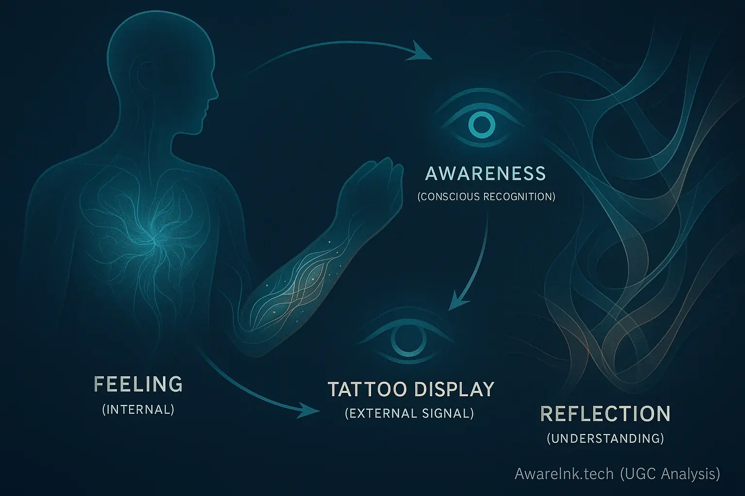 Flowing infographic: Internal Feeling -> External Tattoo Display -> Awareness -> Reflection, a self-awareness enhancing loop.
