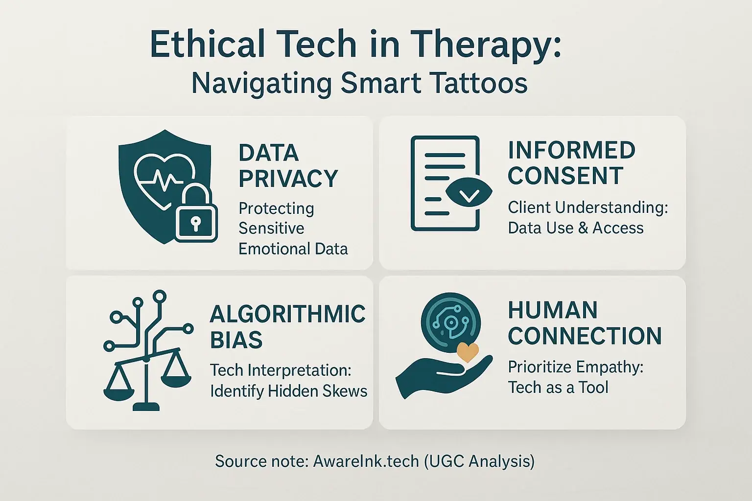 Infographic: Abstract icons show key digital mental health ethics for therapists—privacy, consent, bias, human vs. tech.