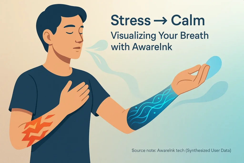 AwareInk tattoo on person's arm visualizes breath: agitated red patterns shift to calm blue, showing stress to calm.