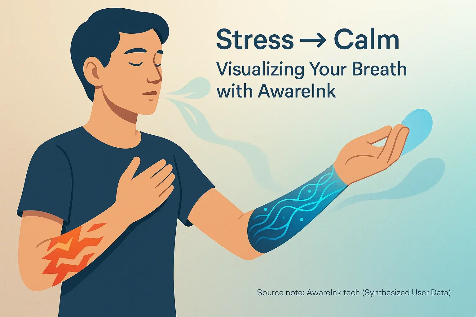 AwareInk tattoo on person's arm visualizes breath: agitated red patterns shift to calm blue, showing stress to calm.