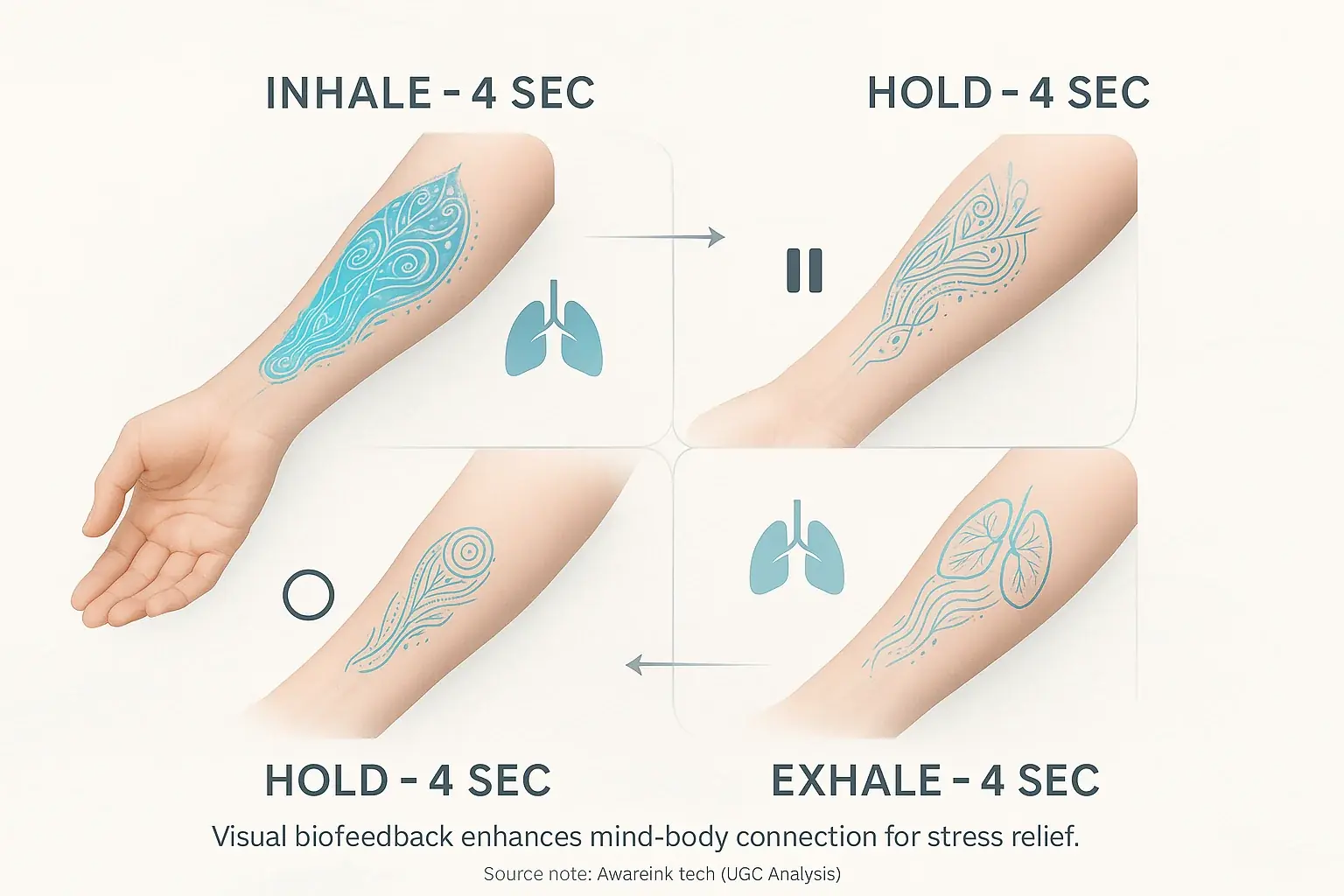 Box Breathing infographic: 4 steps (4s each: inhale, hold, exhale, hold); smart tattoo pattern syncs to the calming square