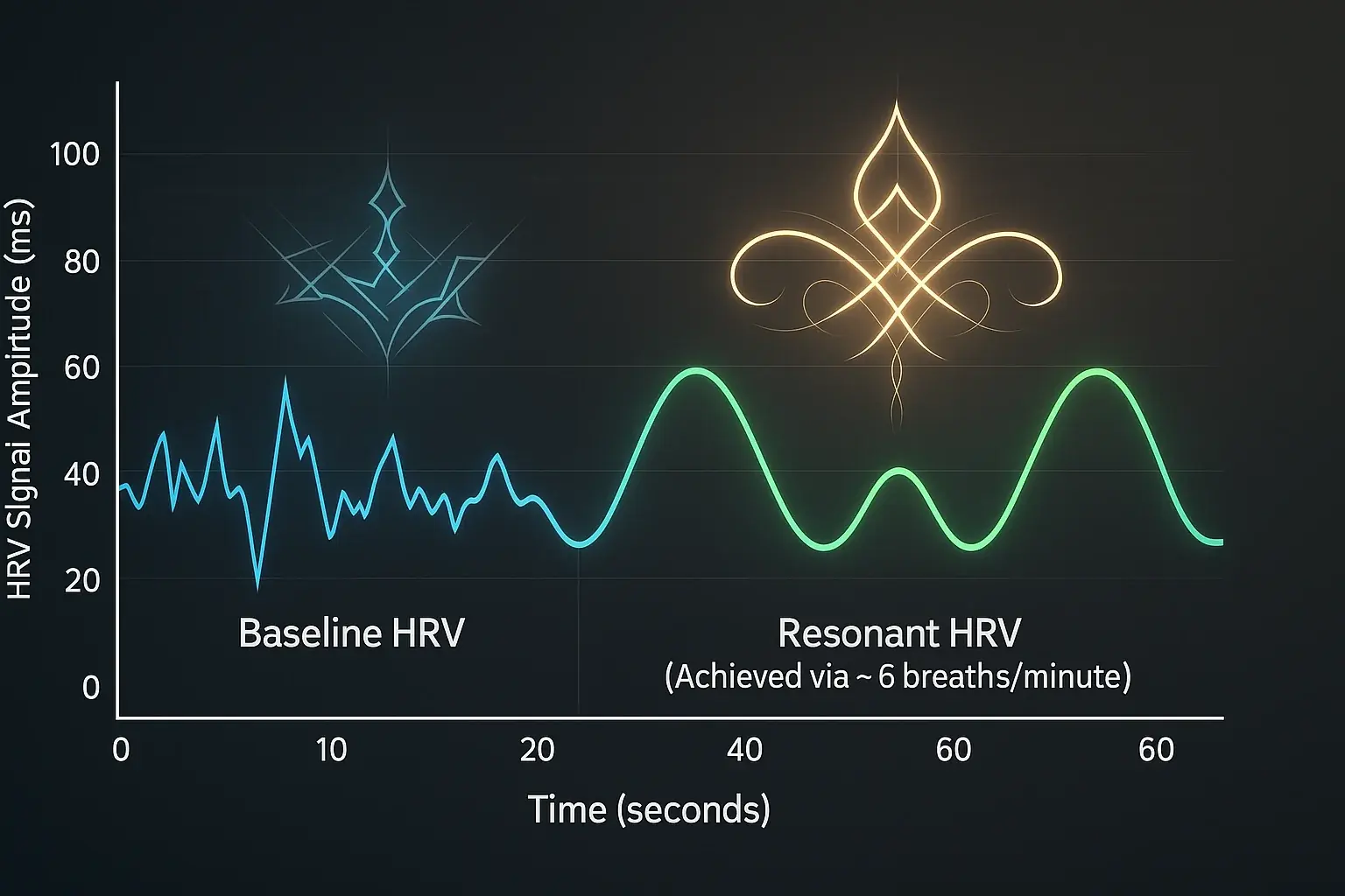 HRV signal smooths to a sinusoidal wave during resonance breathing, visualized by a harmonious smart tattoo.