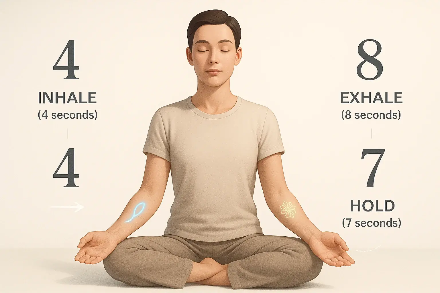 Infographic: Relaxed person's smart tattoo changes to visually cue 4-7-8 breathing: Inhale 4s, Hold 7s, Exhale 8s.