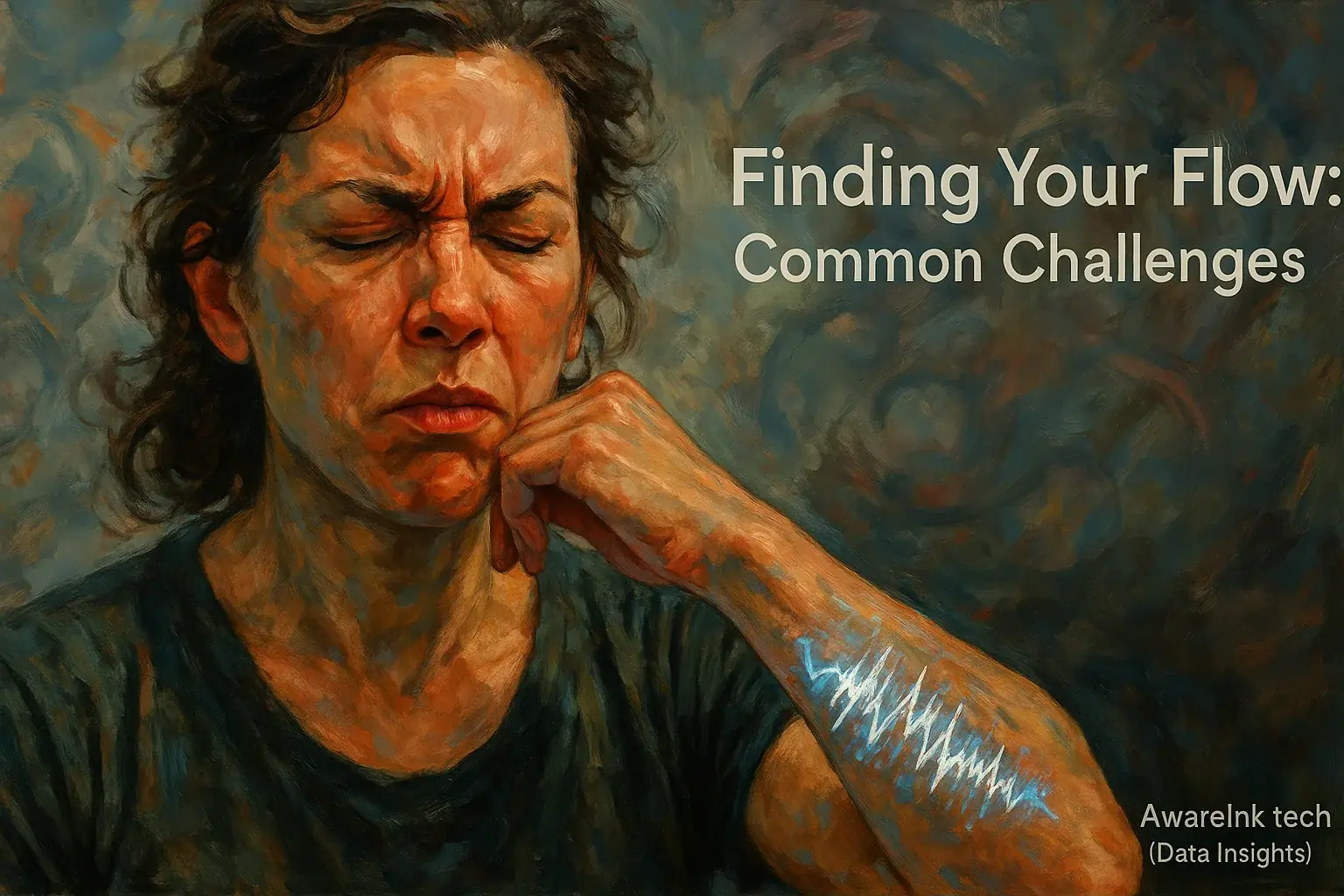 Frustrated person with erratic smart tattoo display, struggling to sync breath amid distractions; a common challenge.