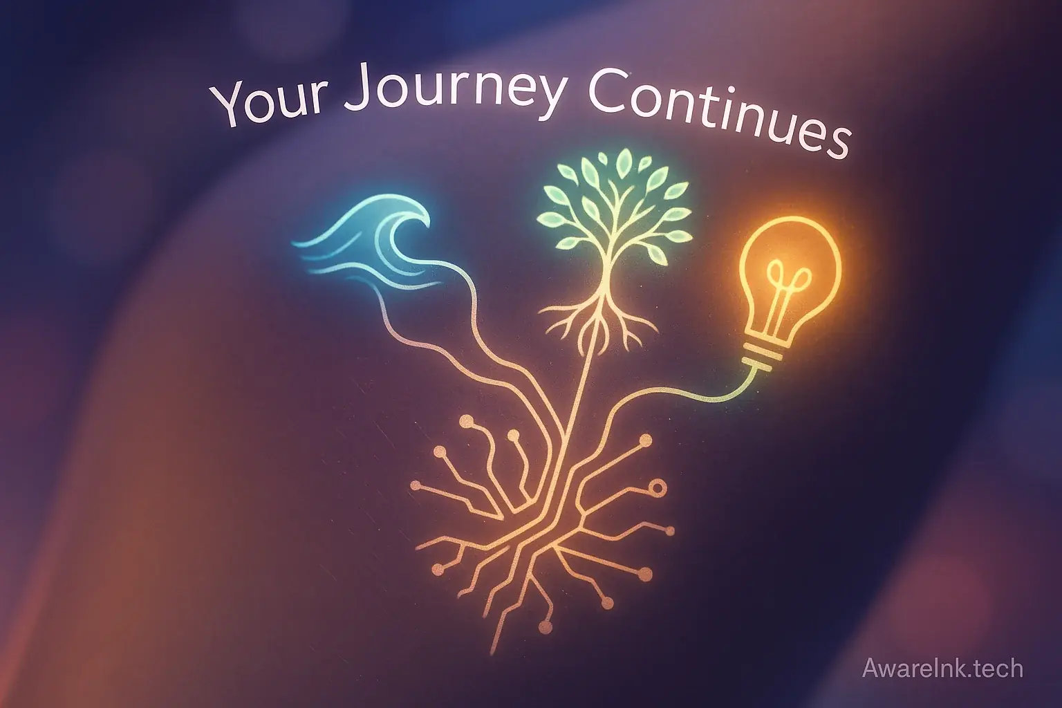 Stylized smart tattoo branches into well-being symbols (wave, tree, lightbulb), showing growth &amp; exploration. 'Your Journey
