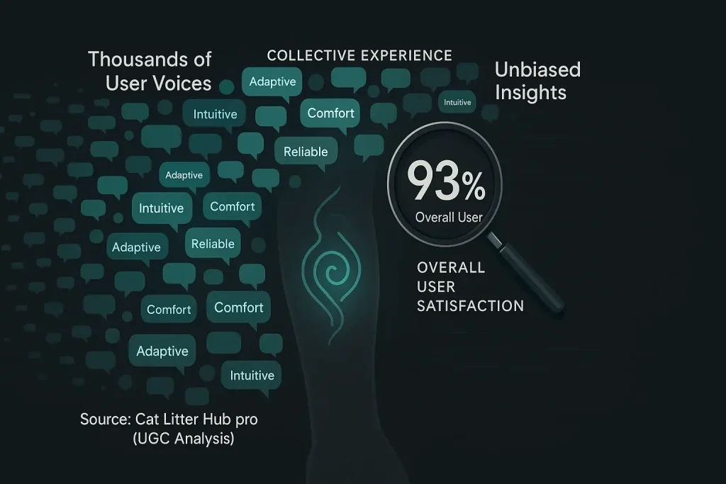 Infographic: Diverse user voices (bubbles, data) merge into clear consensus on smart tattoo satisfaction, detailed by