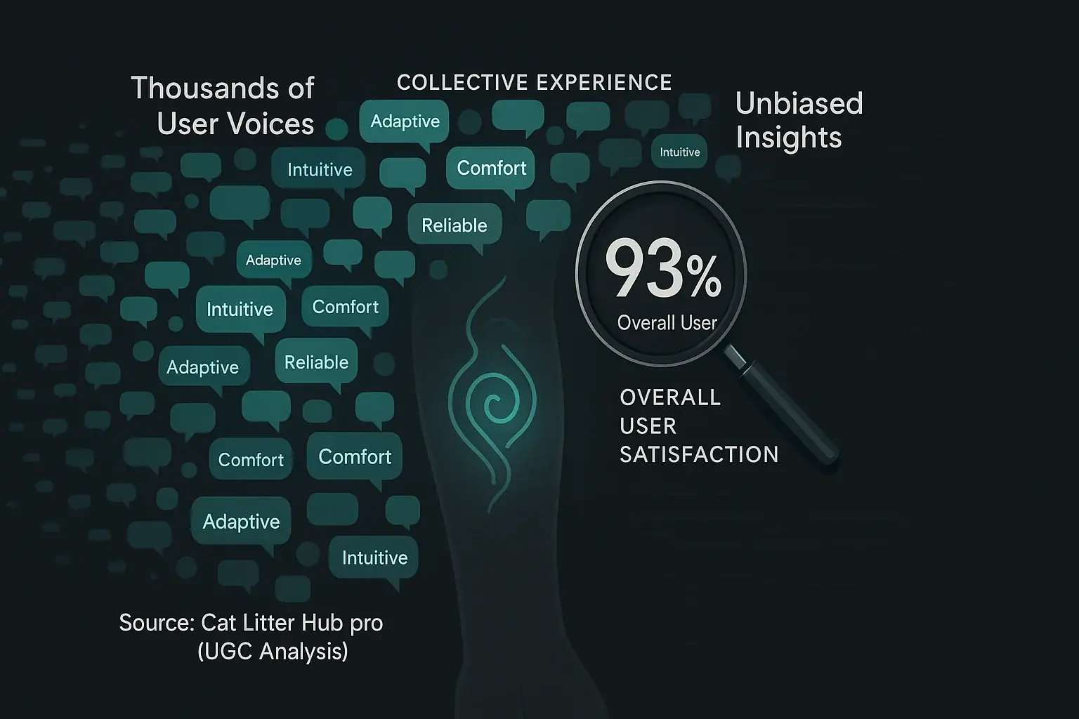 Infographic: Diverse user voices (bubbles, data) merge into clear consensus on smart tattoo satisfaction, detailed by