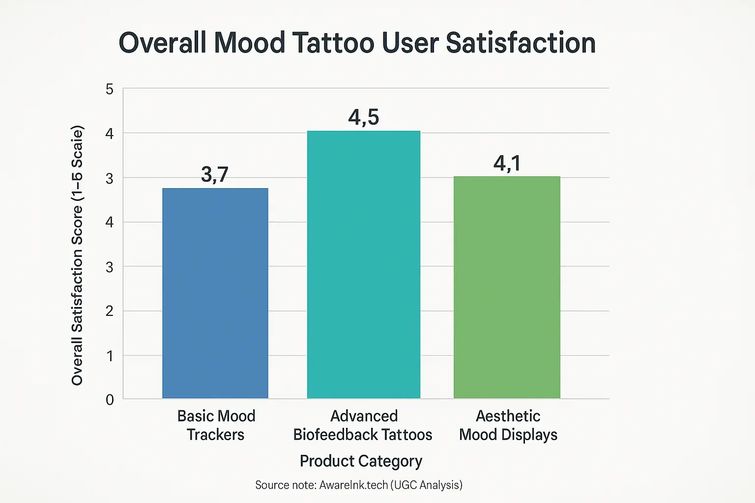 Bar chart comparing mood tattoo satisfaction: Aesthetic Displays (4.5/5) highest, Advanced Biofeedback (4.2), Basic Trackers
