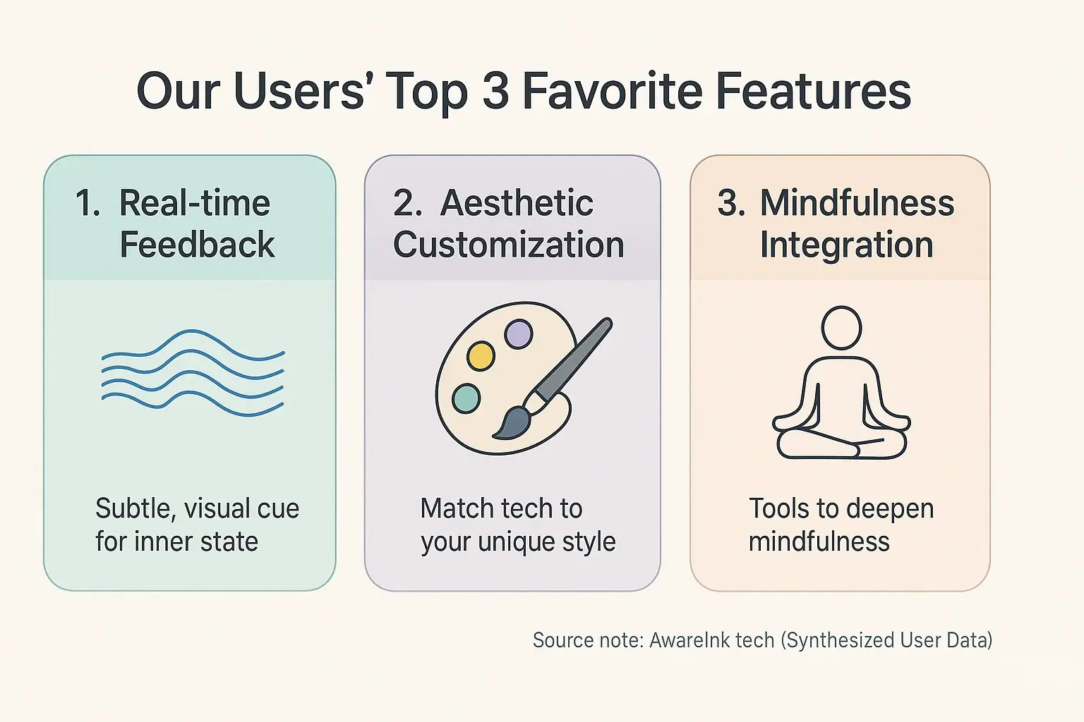 Infographic: Top 3 liked features: Real-time Feedback (wave), Customization (palette/brush), Mindfulness Integration