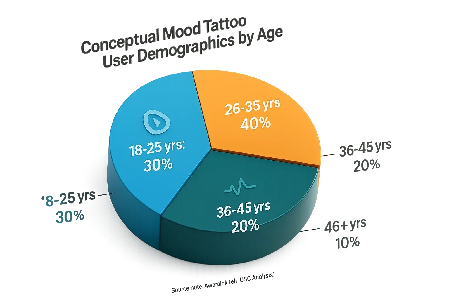 Conceptual pie chart: Mood tattoos most popular with 18-25 (38%) &amp; 26-35 (32%); 36-45 (20%), 46+ (10%).
