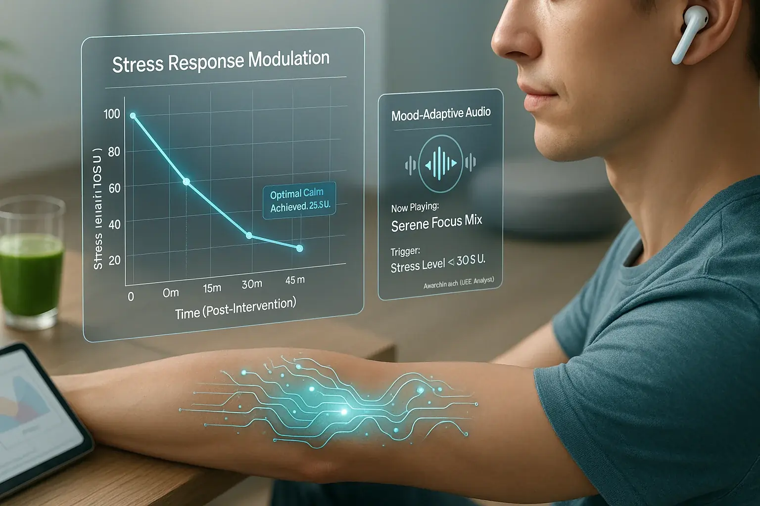 Person's smart tattoo integrates with data charts, journal, and meditation cushion for mood biohacking.
