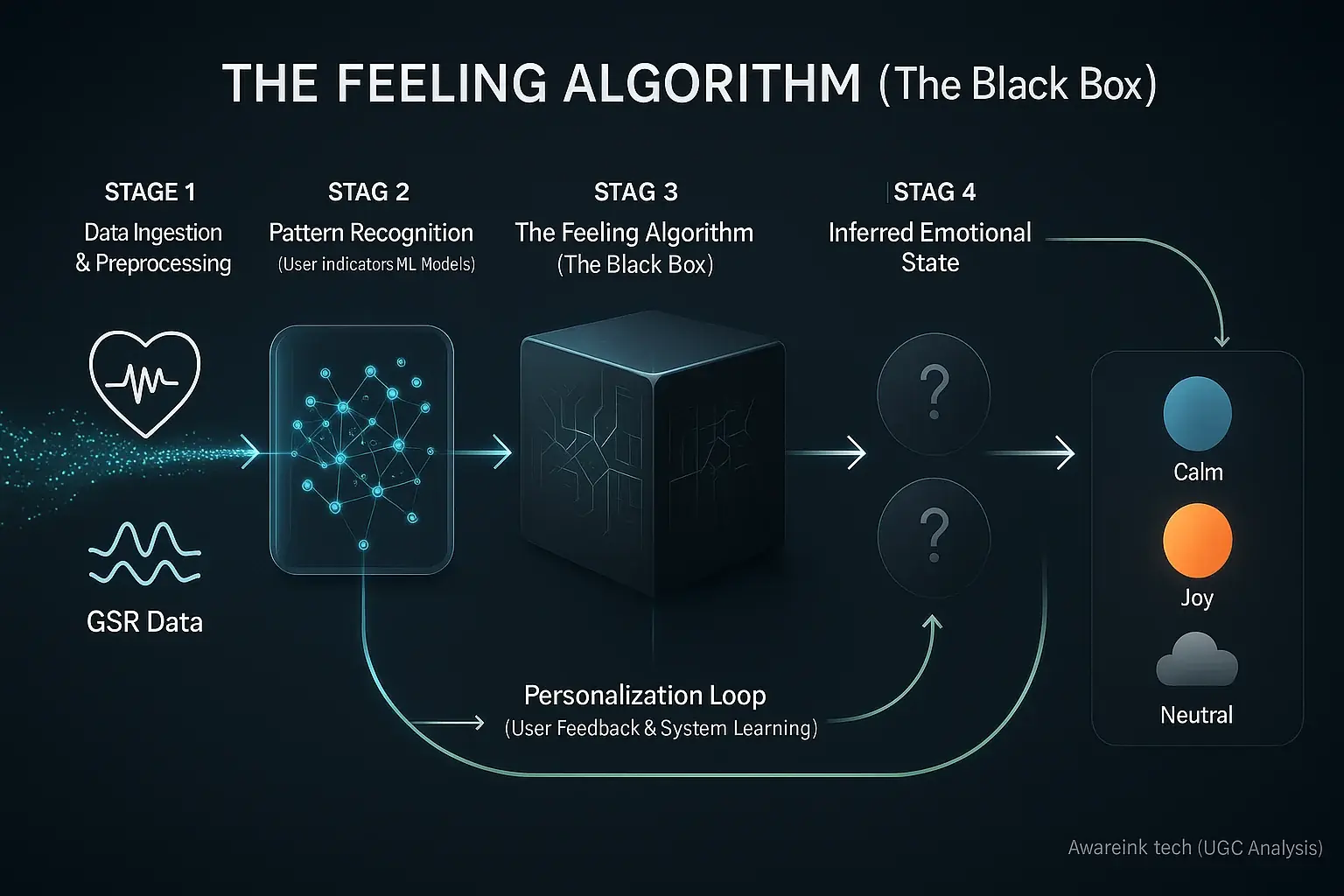 Conceptual flowchart: Raw biosensor data to emotions via ML, highlighting 'black box' &amp; personalization feedback loop.