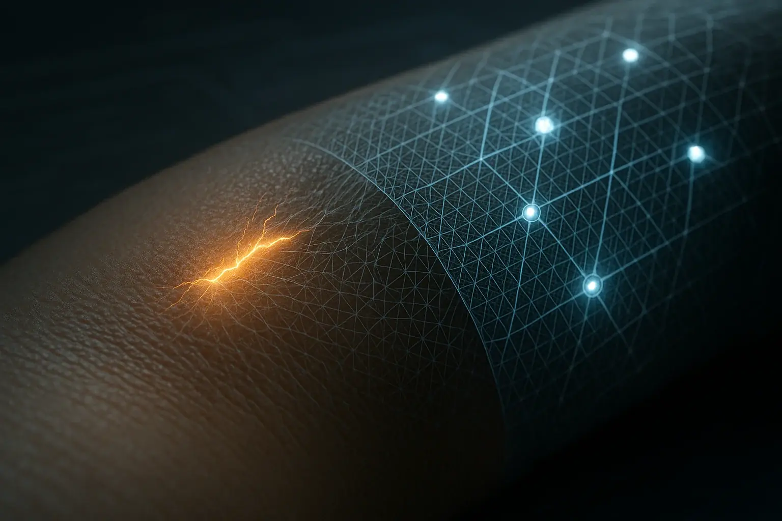 Microscopic view: intricate, futuristic, flexible, self-healing materials with sensors for next-gen smart tattoos.