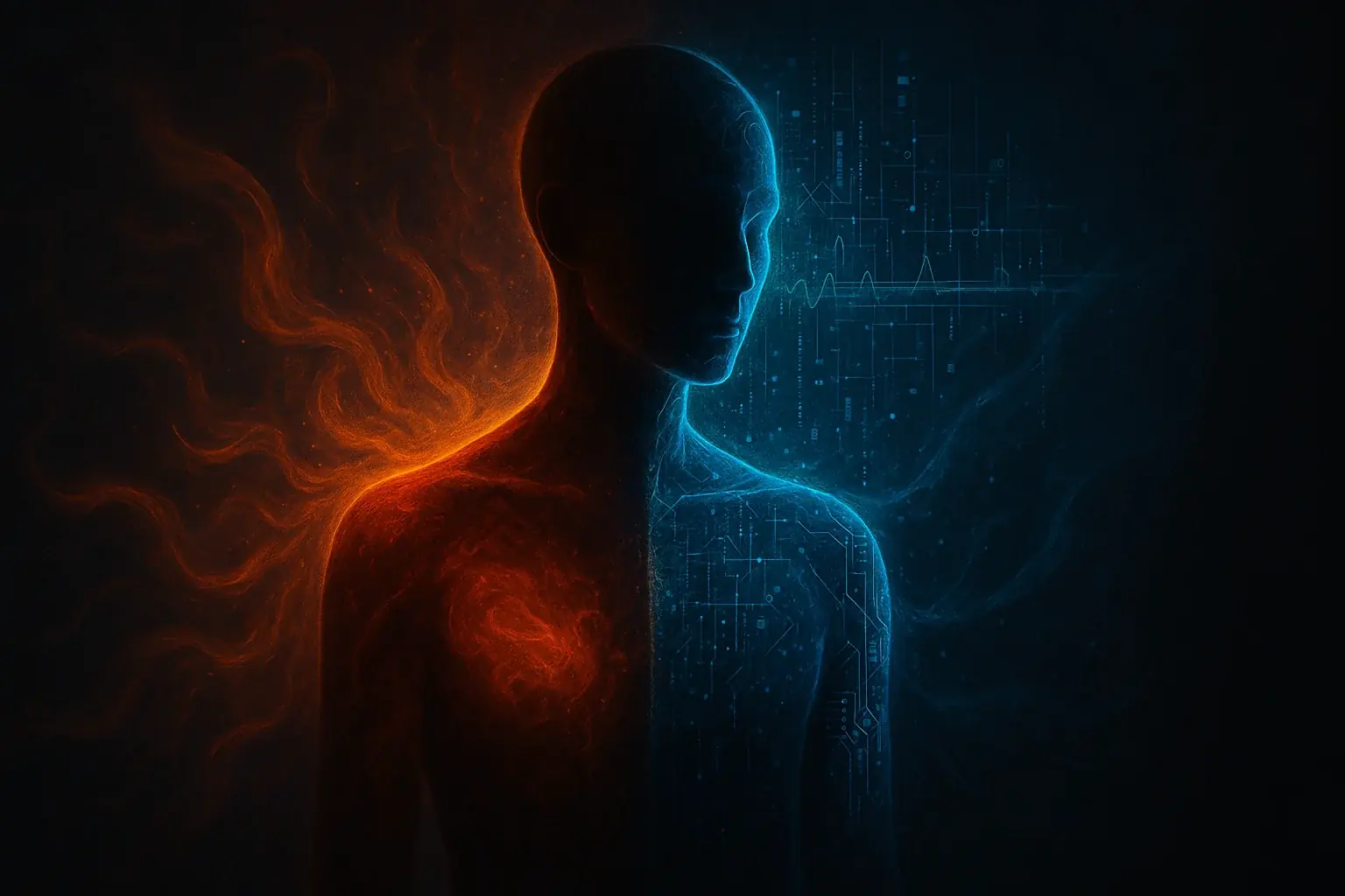 Human silhouette split: raw emotion versus data streams from a smart tattoo, highlighting the feel versus track tension.