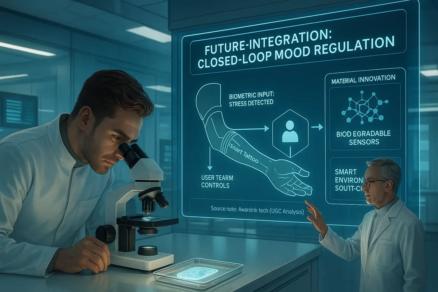 Futuristic lab: scientists study transparent, flexible smart tattoos with microscopes &amp; holograms, advancing mood tech.