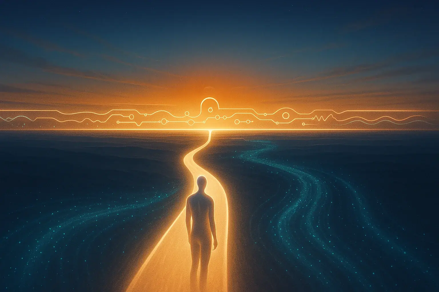 Path to a tech-human blended horizon with smart tattoo, guiding exploration of future mood insights.