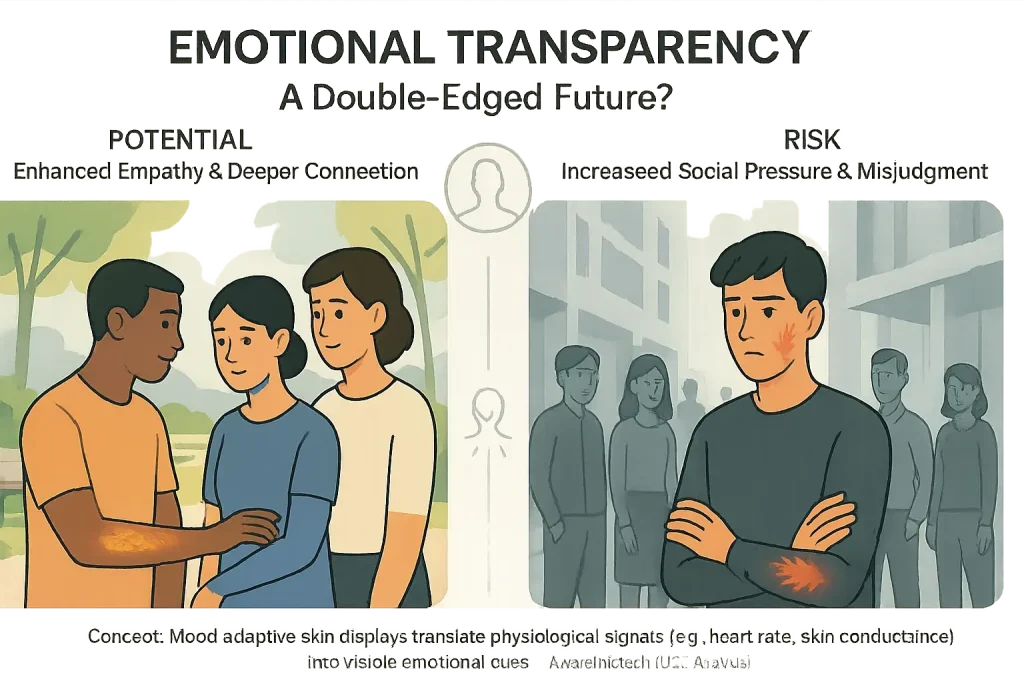 People showing subtle emotional signals on skin in public, illustrating a transparent society's implications.