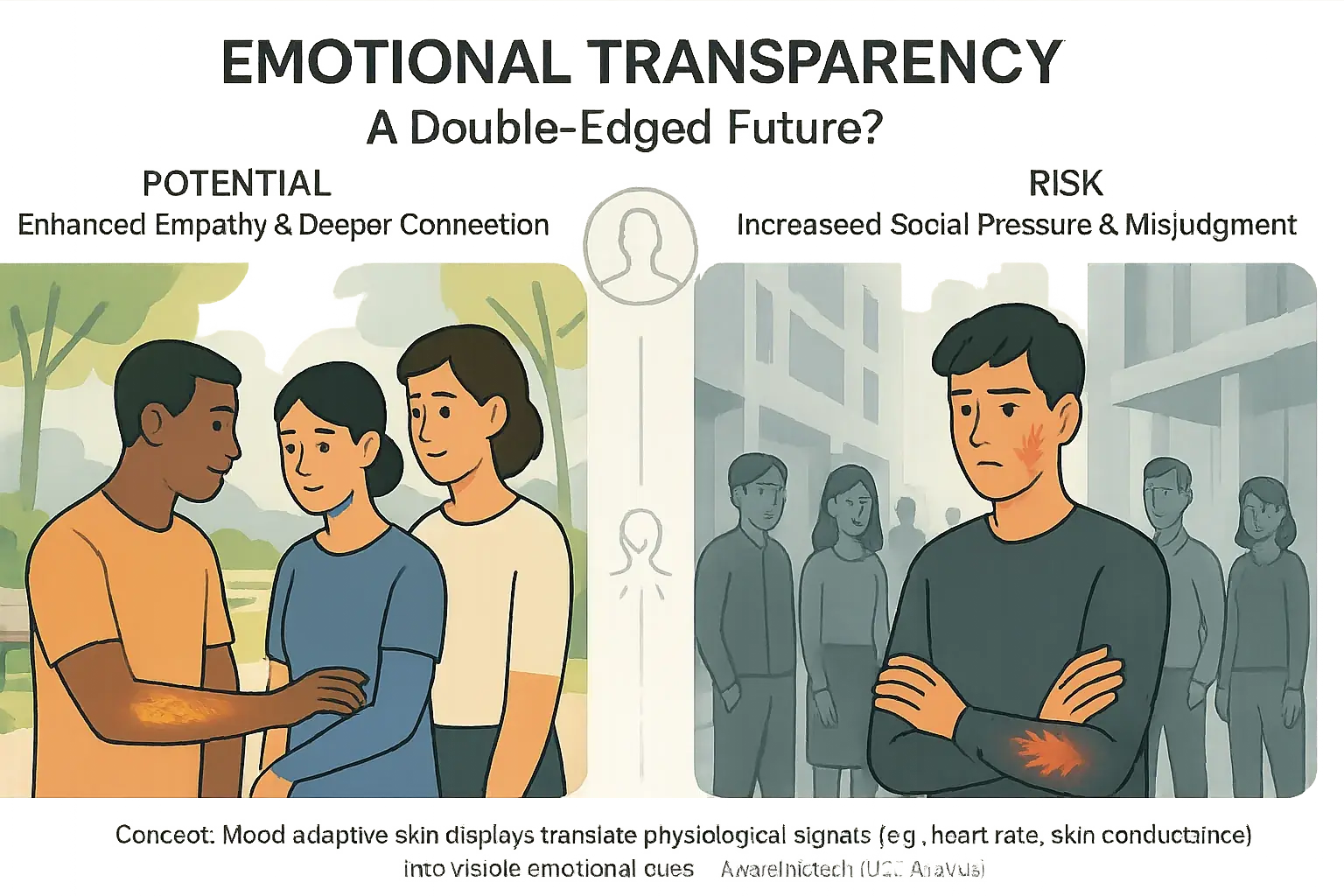 People showing subtle emotional signals on skin in public, illustrating a transparent society's implications.