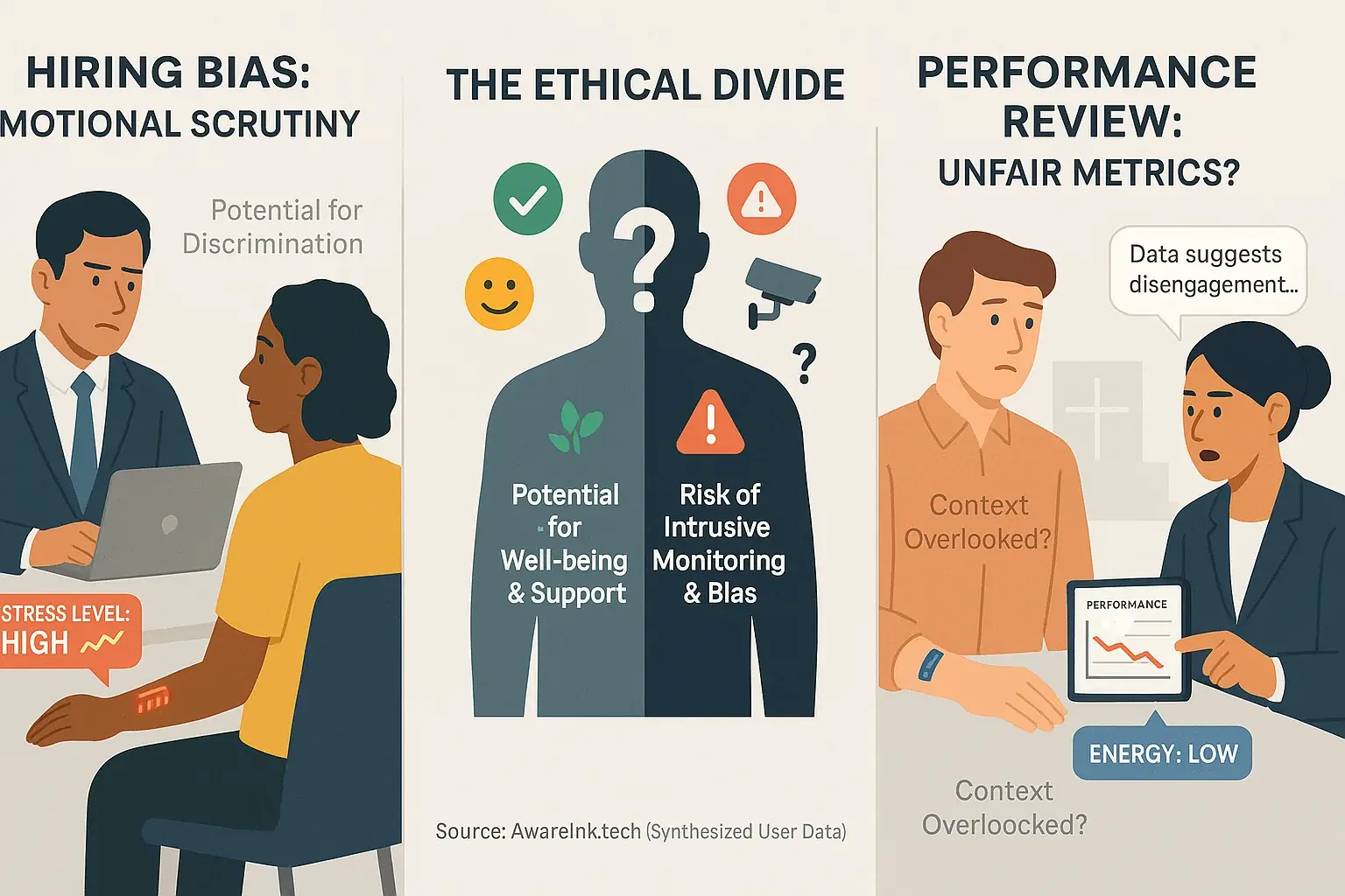 Infographic: Workplace scenario with mood tattoos, showing ethical HR dilemmas in using emotion insights for