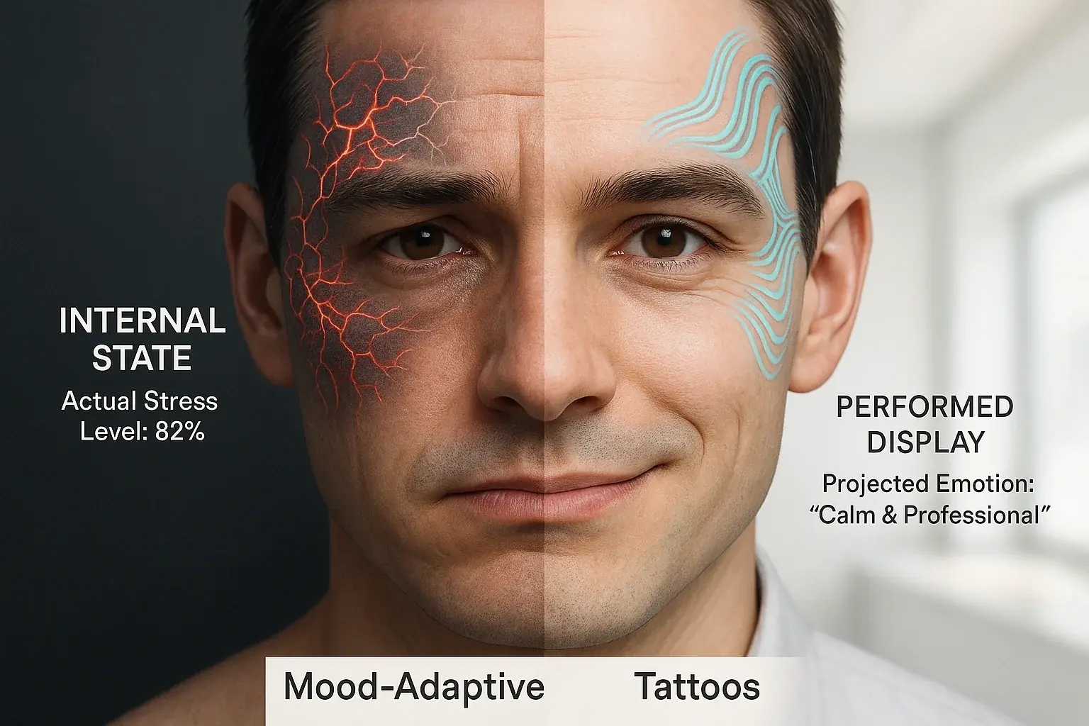 Infographic contrasting authentic emotion (face &amp; harmonious mood tattoo) with performed emotion (face &amp; dissonant mood