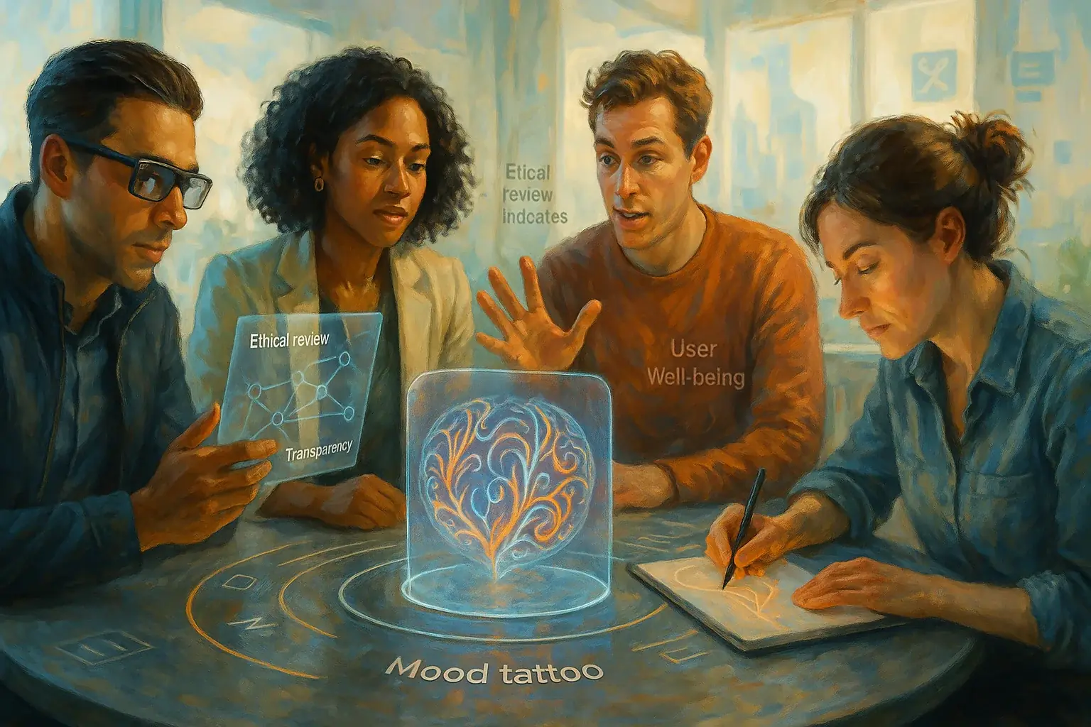 Diverse experts (tech, ethics, society) collaboratively building a futuristic mood tattoo, embodying proactive ethics.