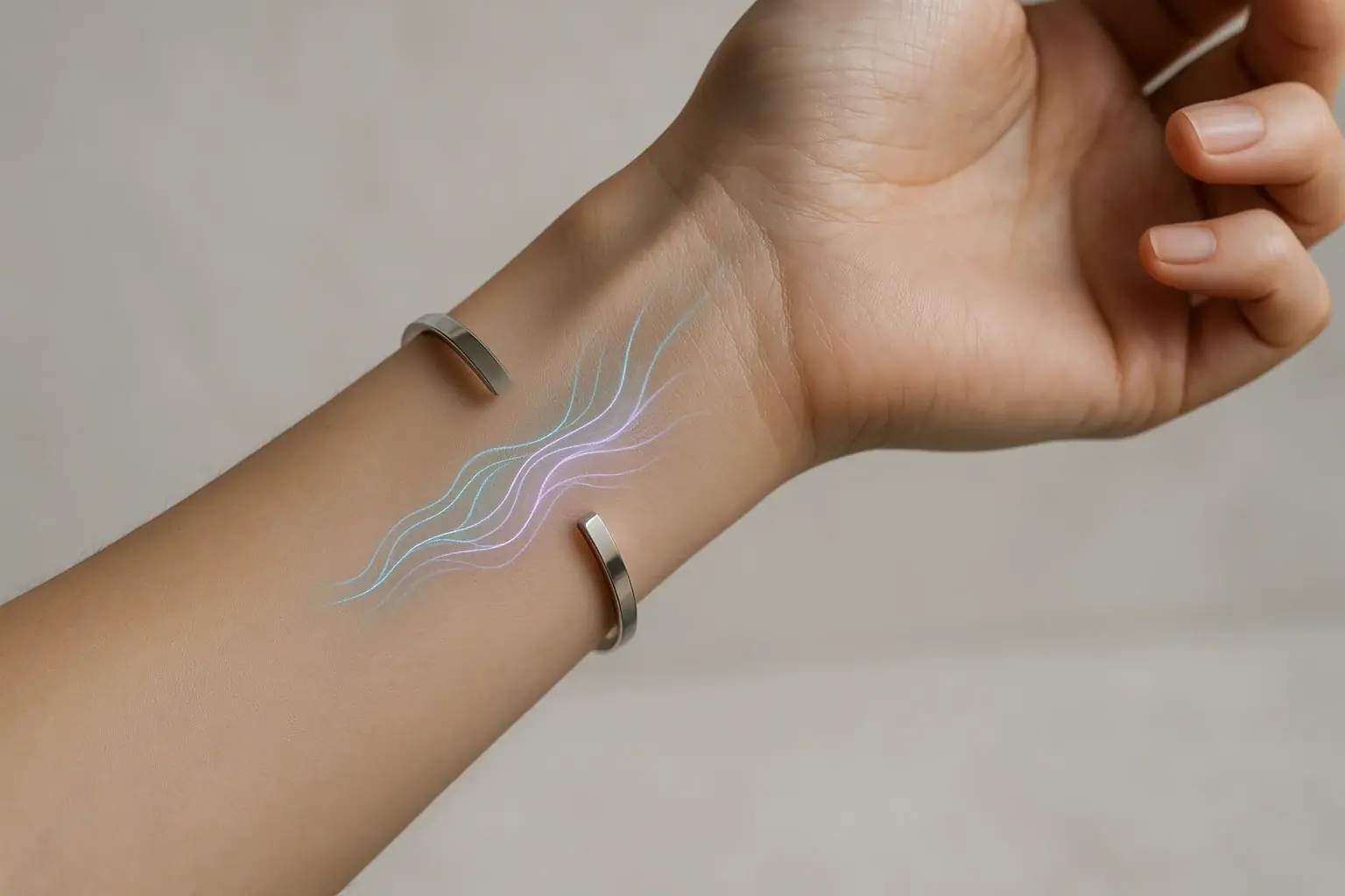 Color-shifting smart tattoo on wrist, subtly accessorized with a minimalist silver bracelet and delicate ring.