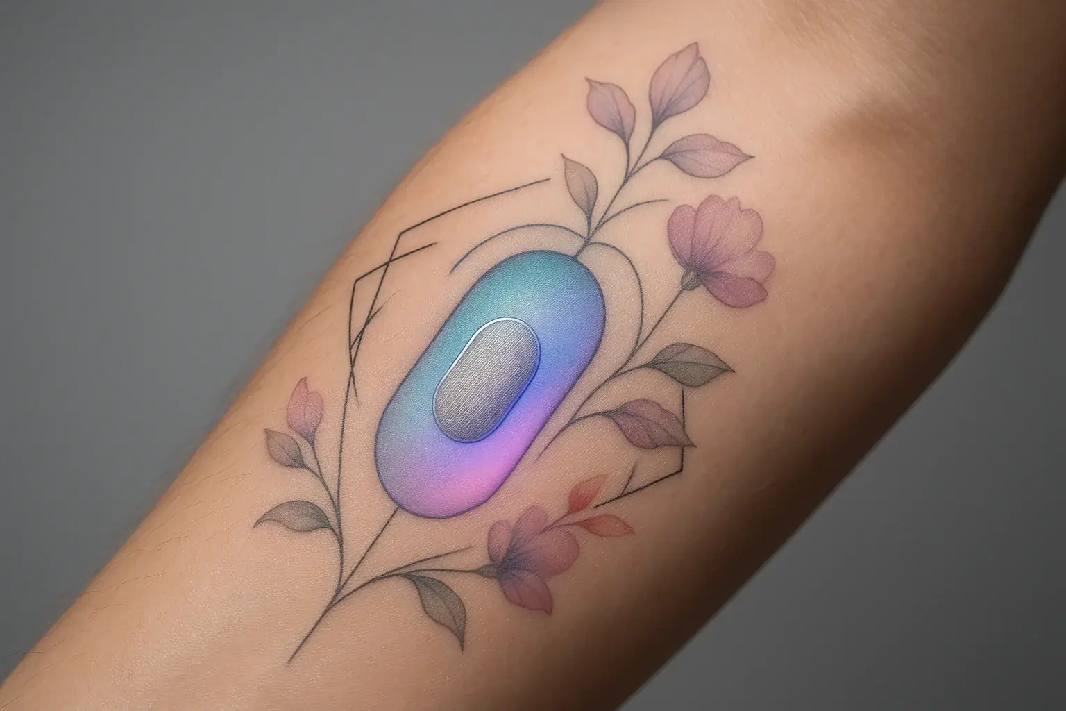 Forearm smart tattoo with dynamic color changes, artfully overlaid by a complementary, intricate temporary tattoo design.