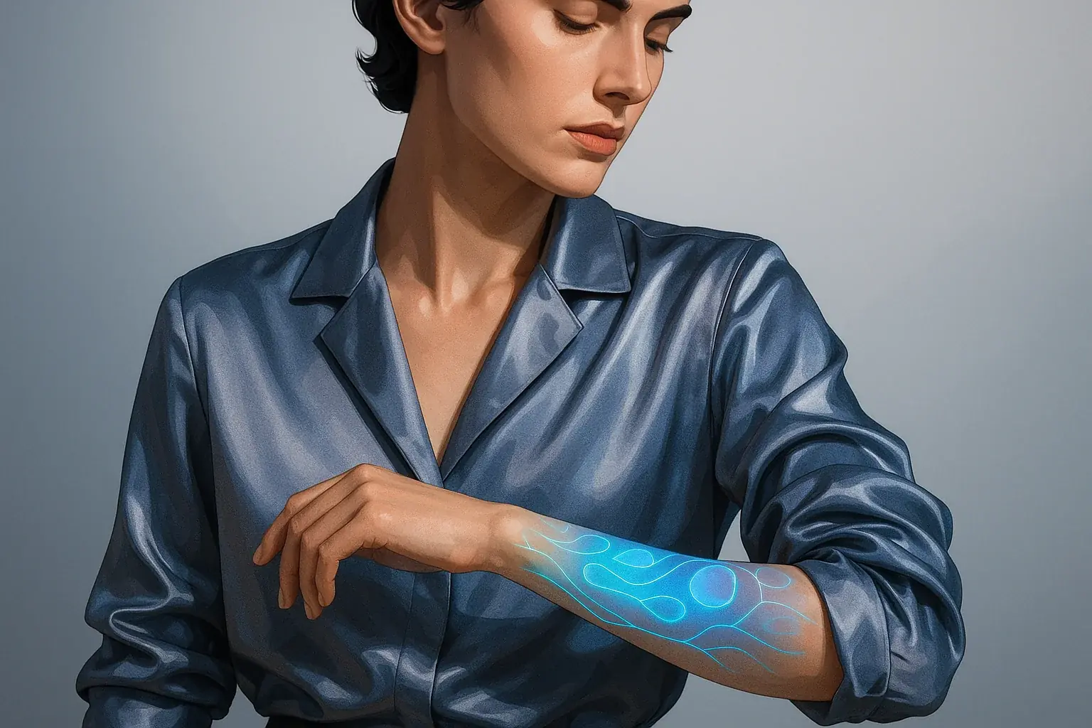 Modern fashion illustration: Person's stylish outfit dynamically complements their mood-adaptive forearm tattoo.