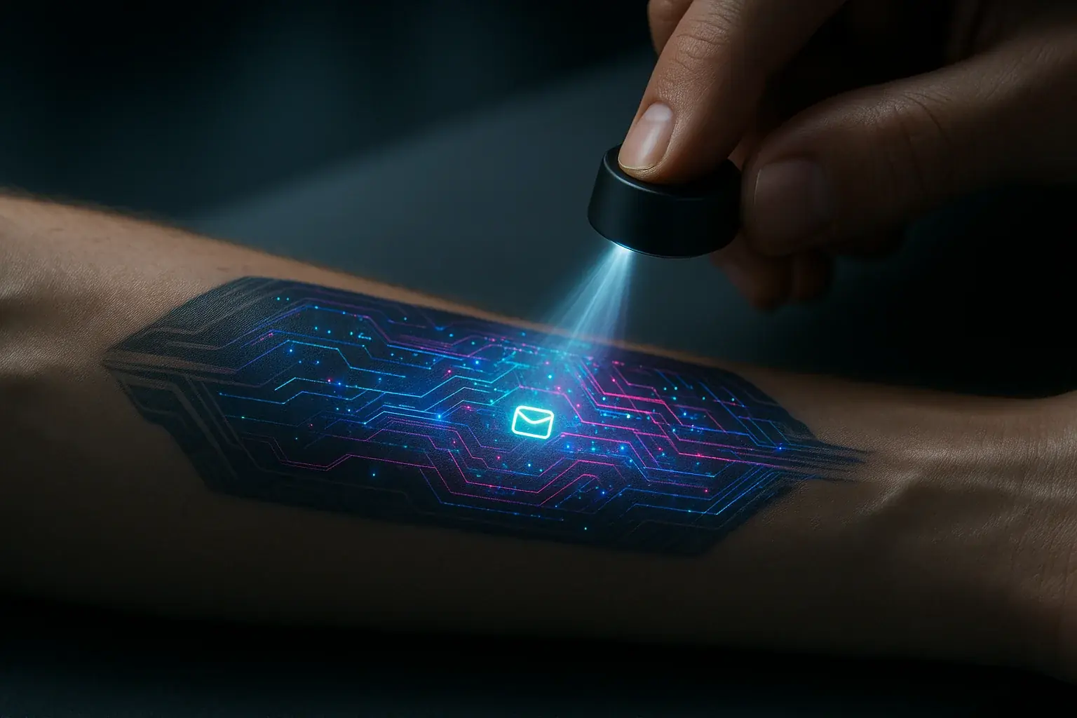 Arm with glowing smart tattoo where a wearable projects dynamic, customizable digital patterns, a personal DIY digital