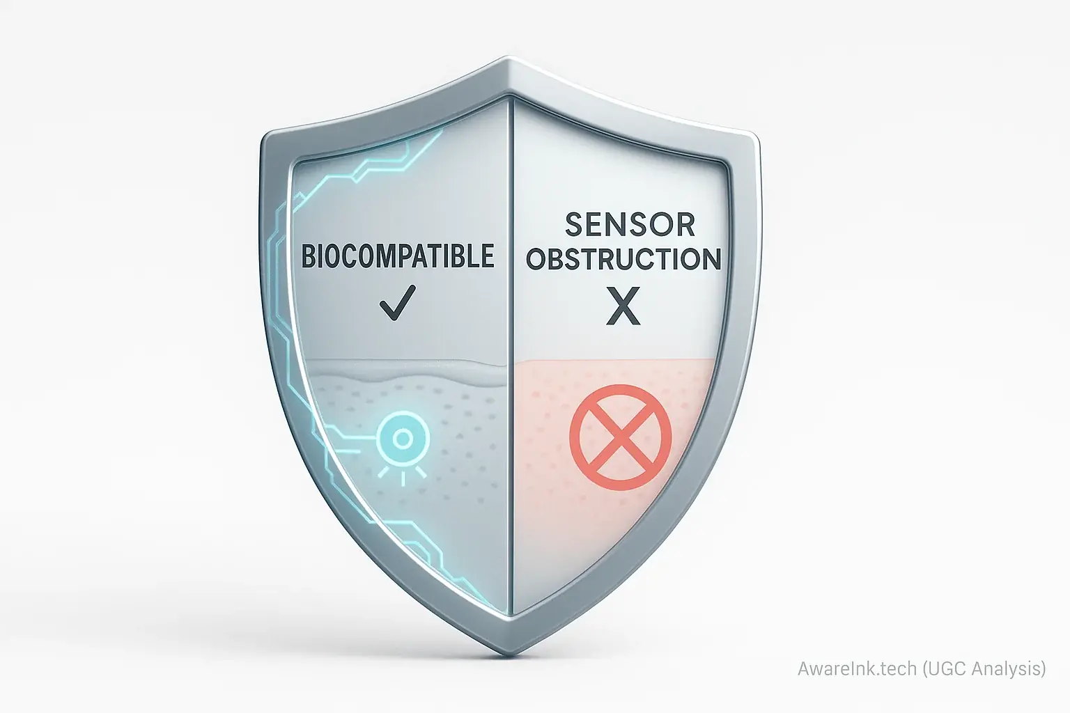 Stylized warning shield icon with an integrated smart tattoo, symbolizing protection and caution for smart tattoo