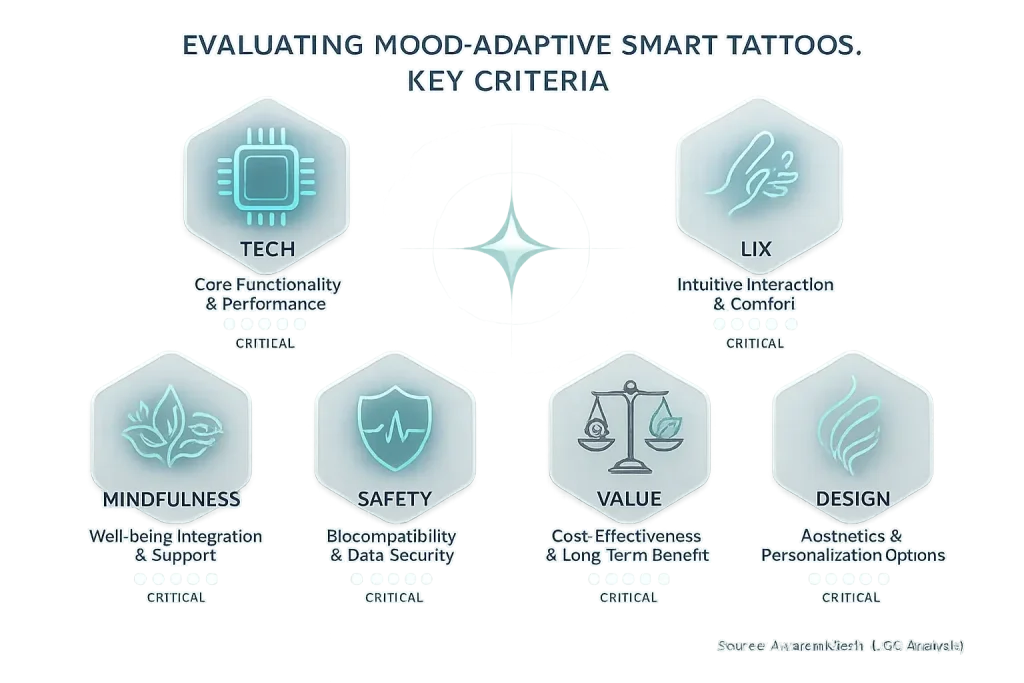 6 key criteria for smart tattoo choice: Tech, UX, Mindfulness, Safety, Value, Design, shown with icons & their importance
